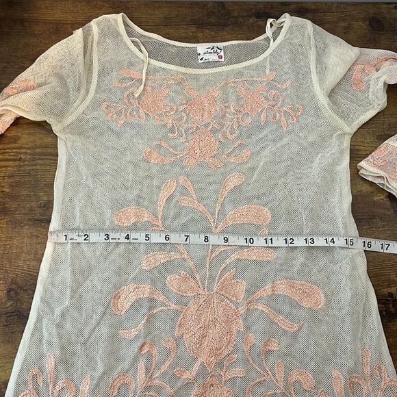 Free People Cream & Pink Mesh Embroidered Bell Sleeve Cotton Blend Tunic Top - Picture 10 of 11